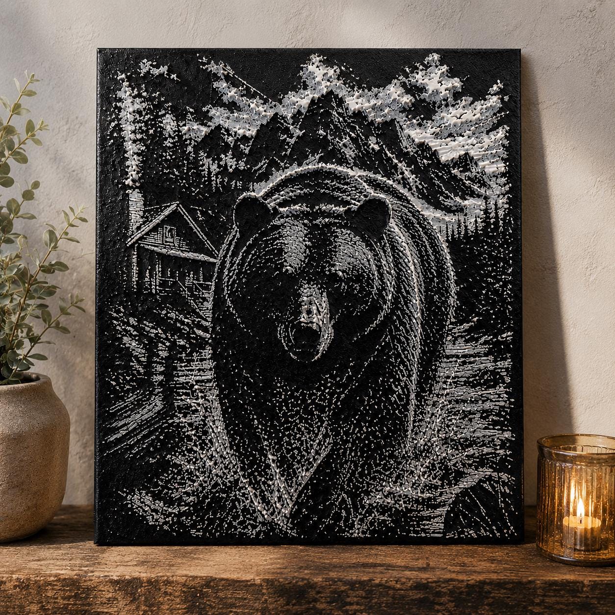 3D Printed Bear Mountain Cabin Wall Art | Wilderness Scene, Rustic Landscape Artwork