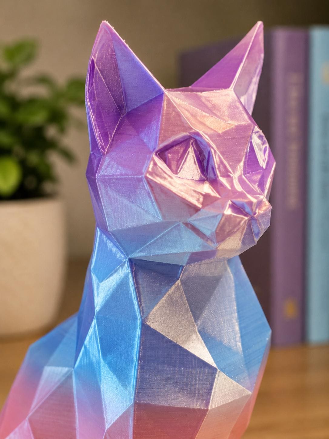 Iridescent Geometric Cat Sculpture | Low Poly 3D Printed Cat Decor