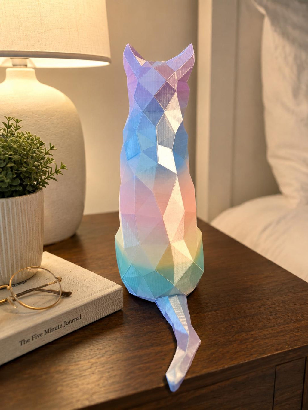 Iridescent Geometric Cat Sculpture | Low Poly 3D Printed Cat Decor