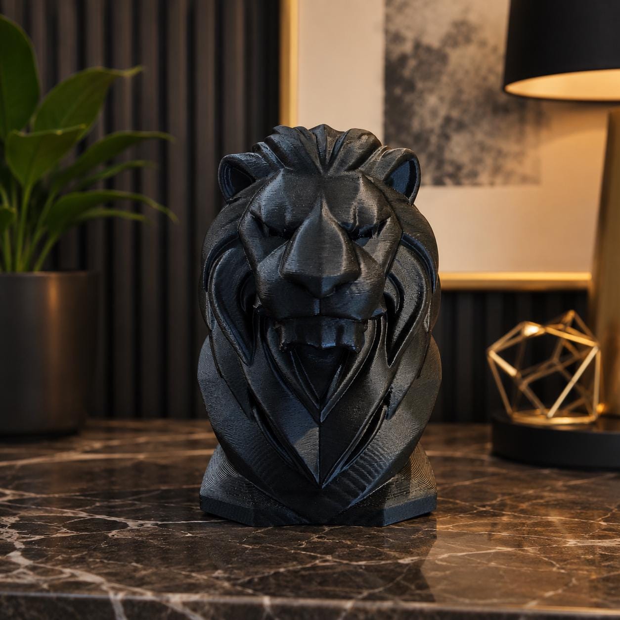 Modern Lion Bust Sculpture | 3D Printed Lion Decor | Office Shelf Art