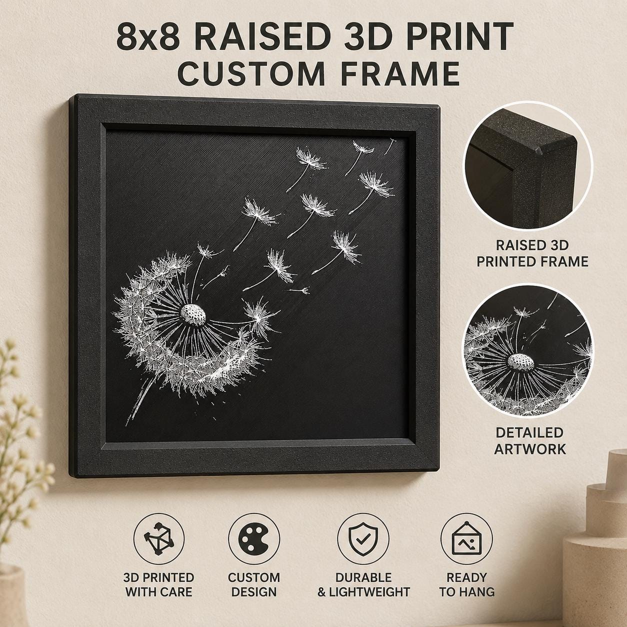 Dandelion Wishes 3D Raised Artwork | Black White Botanical Framed Decor