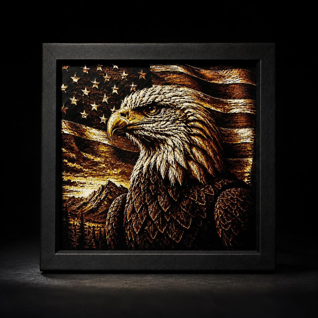 3D Printed Eagle Wall Art | American Flag Decor, Rustic Cabin Artwork (8"x8")