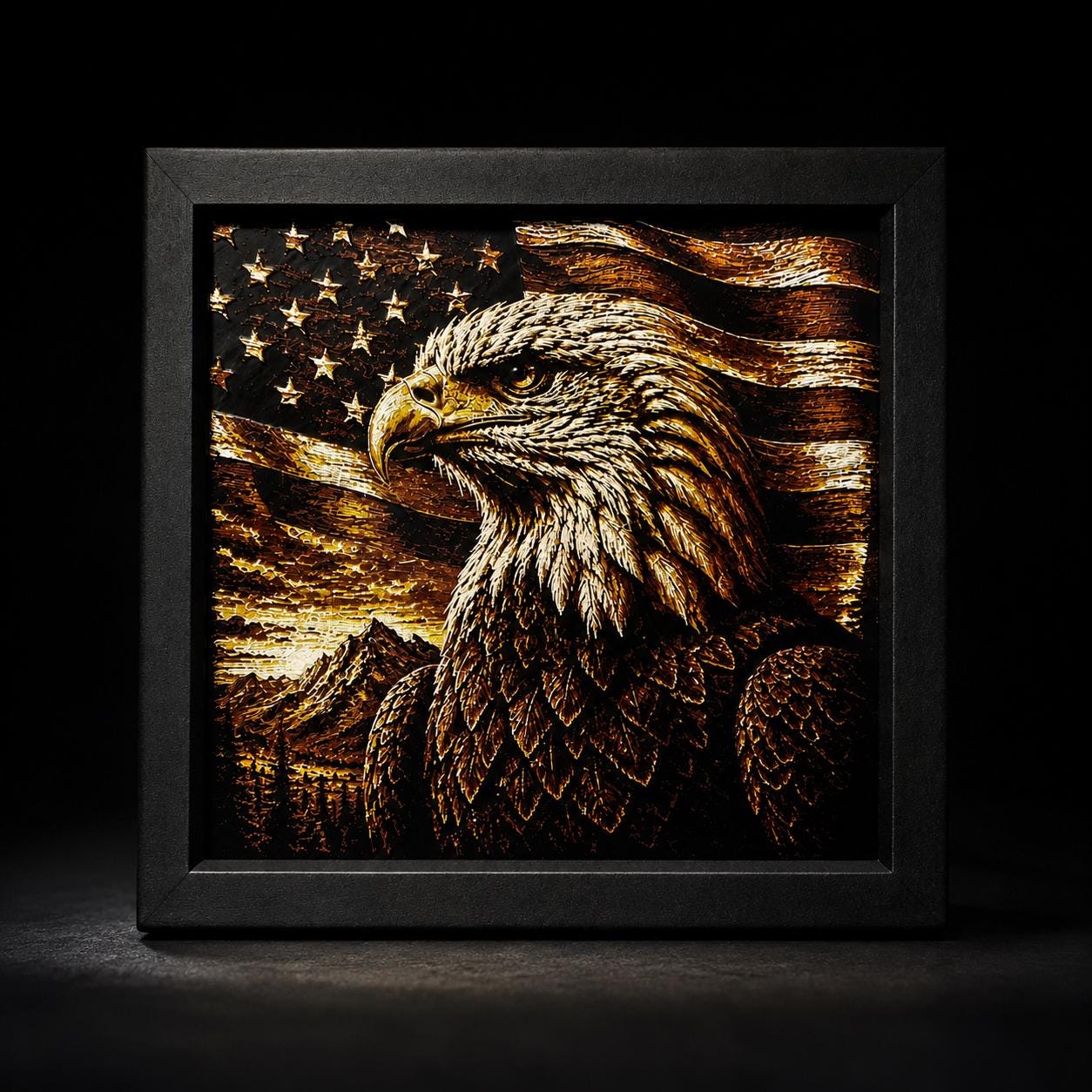 3D Printed Eagle Wall Art | American Flag Decor, Rustic Cabin Artwork (8"x8")