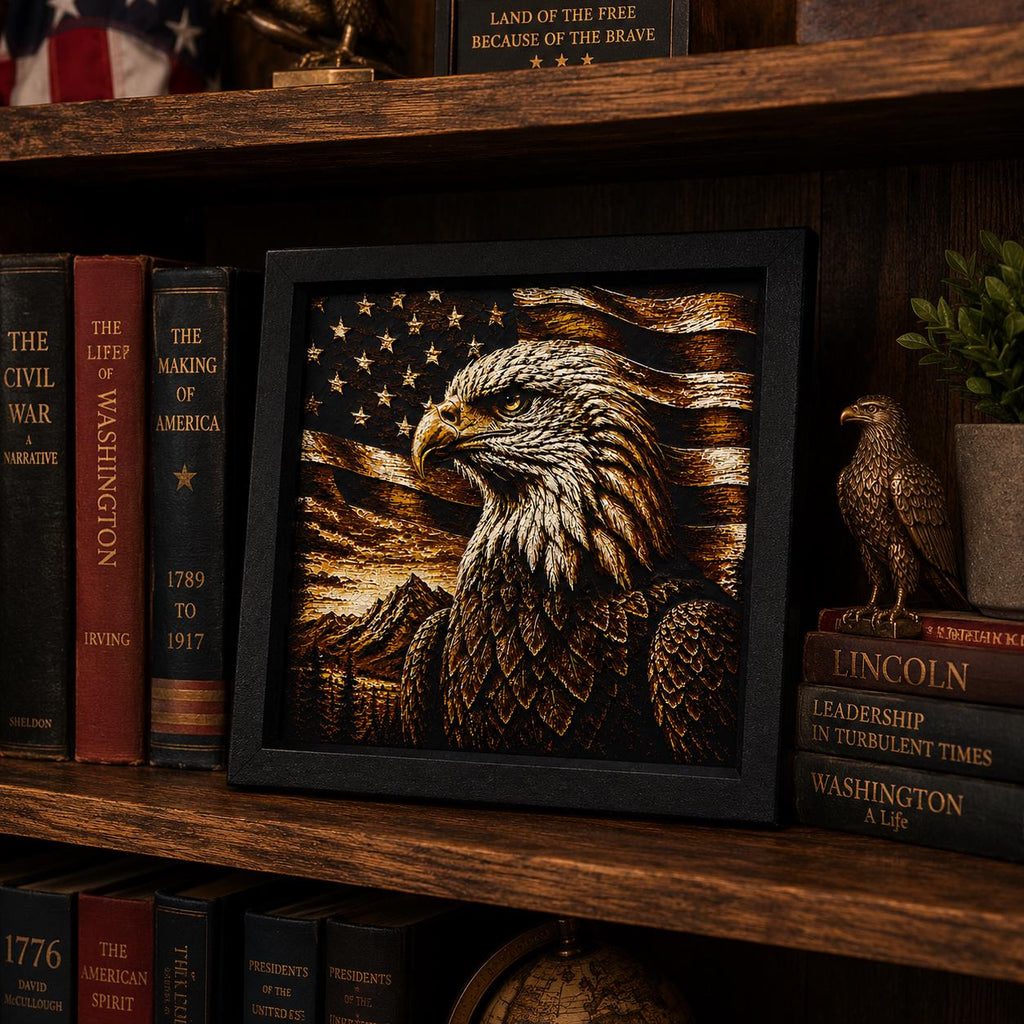 3D Printed Eagle Wall Art | American Flag Decor, Rustic Cabin Artwork (8"x8")