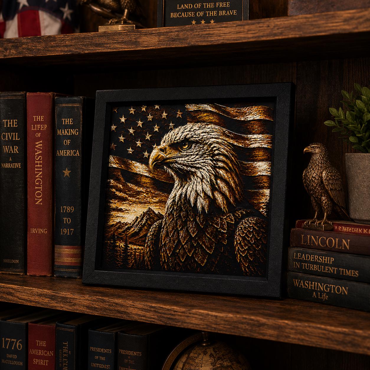 3D Printed Eagle Wall Art | American Flag Decor, Rustic Cabin Artwork (8"x8")