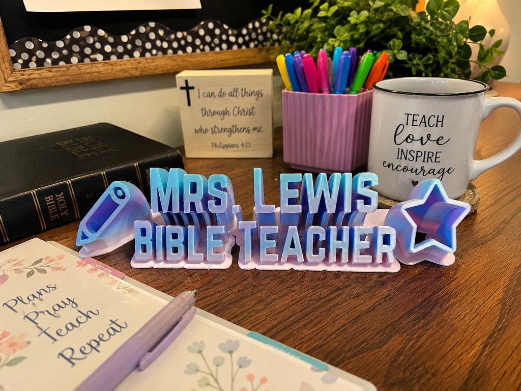 Personalized Bible Teacher Desk Name Plate | Custom Teacher Gift | Christian Classroom Decor | 3D Printed Name Sign | Sunday School Teacher