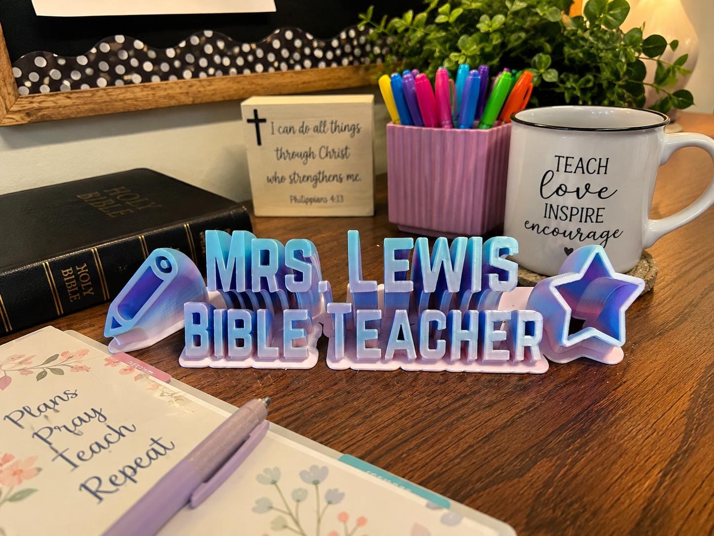 Personalized Bible Teacher Desk Name Plate | Custom Teacher Gift | Christian Classroom Decor | 3D Printed Name Sign | Sunday School Teacher