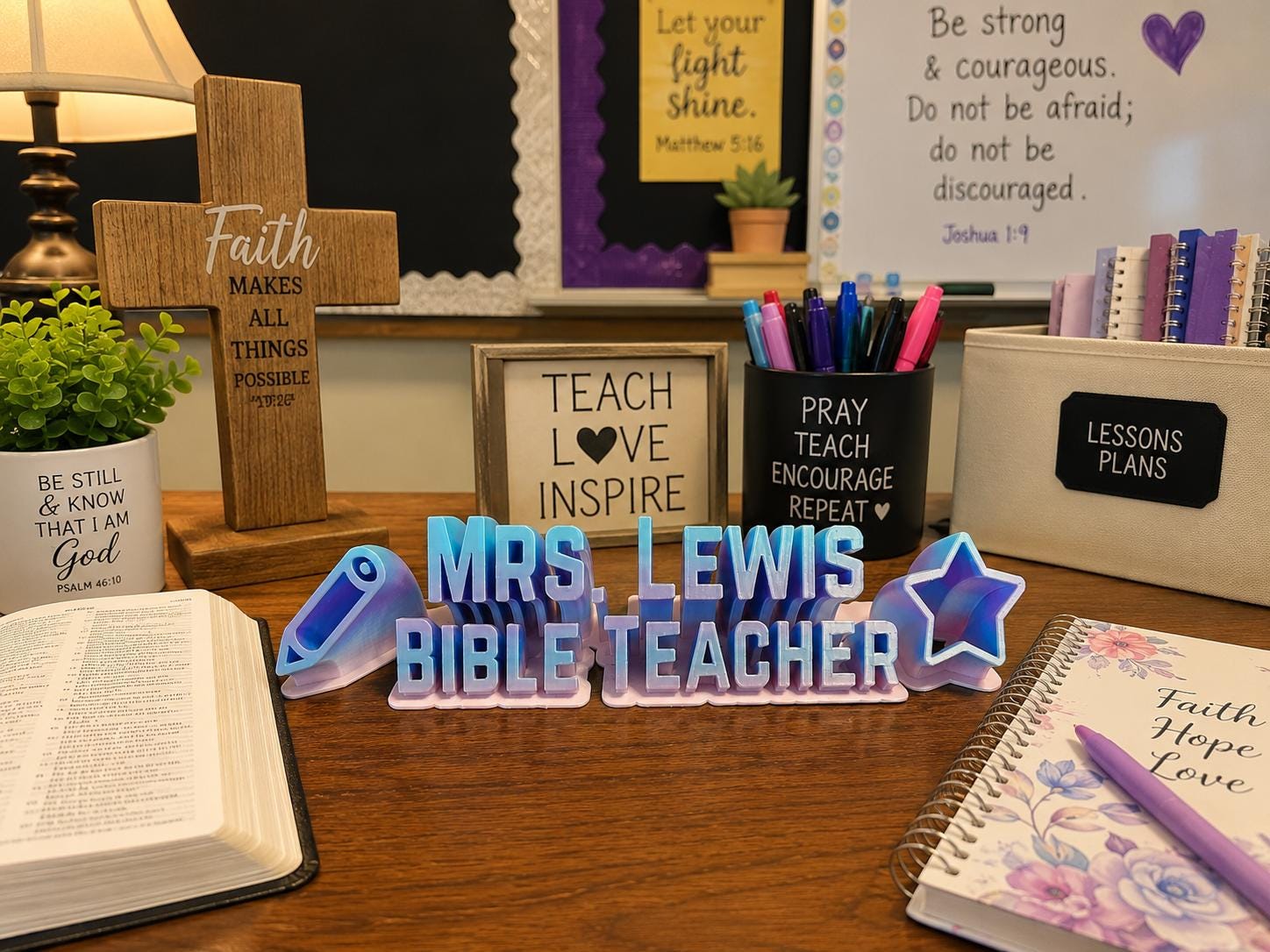 Personalized Bible Teacher Desk Name Plate | Custom Teacher Gift | Christian Classroom Decor | 3D Printed Name Sign | Sunday School Teacher