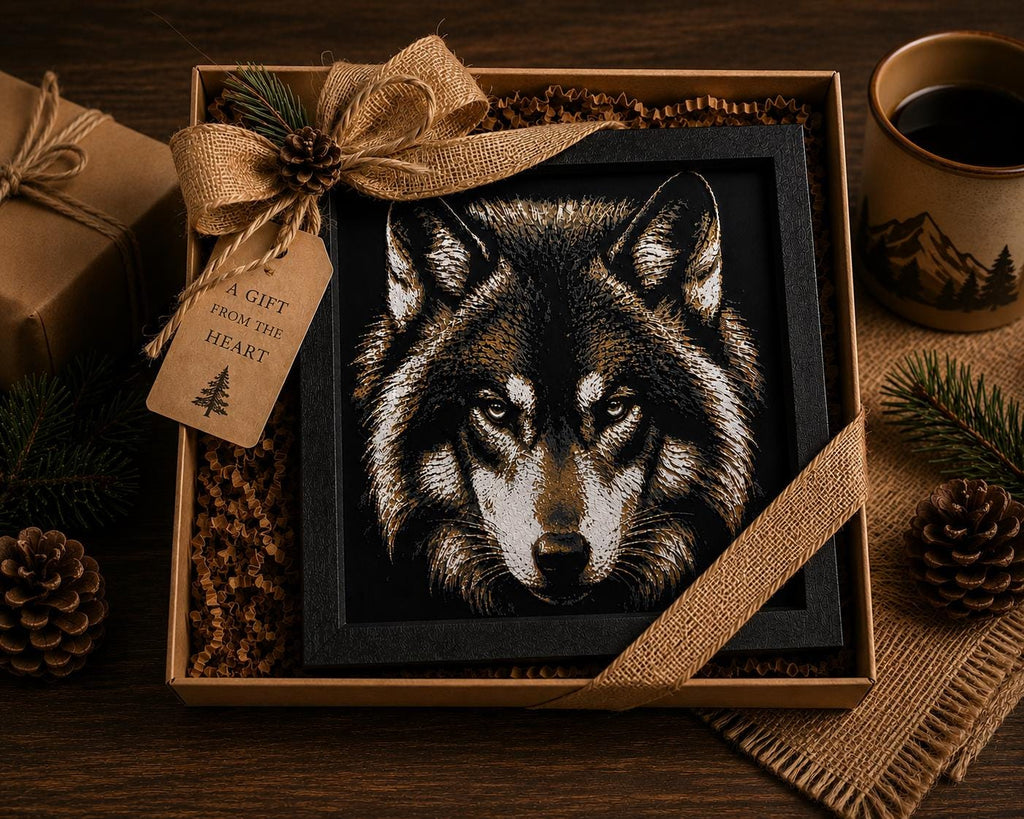 3D Hueforge Wolf Portrait | Framed Wildlife Wall Art, Rustic Cabin Decor (8x8)