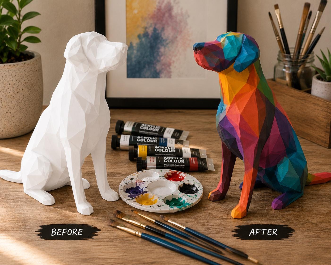 Custom Paintable Geometric Dog Sculpture | DIY Acrylic Paint Project | Low Poly Dog Decor