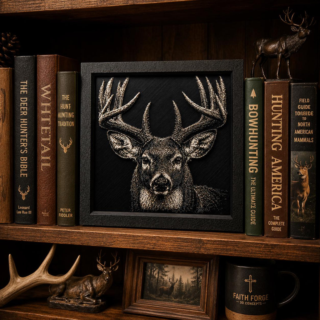 Majestic Buck Deer Wall Art | HueForge 3D Textured Print, Framed Rustic Cabin Decor (8x8)