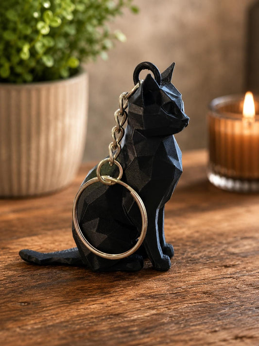 Low Poly Black Cat Keychain | 3D Printed Cat Charm