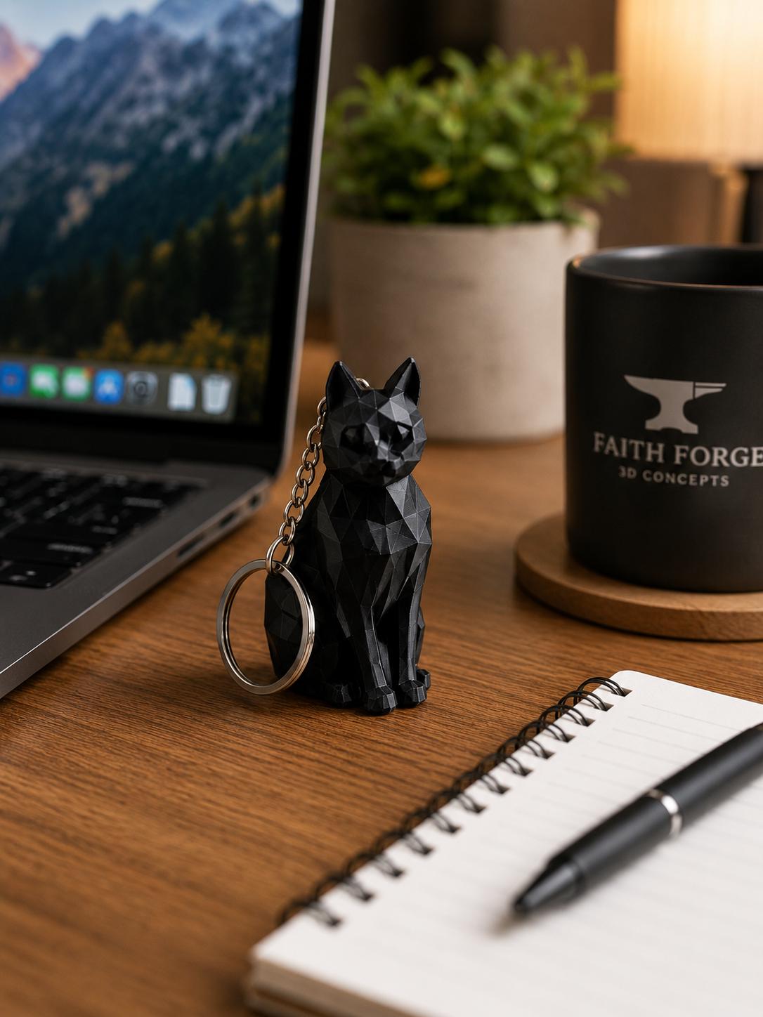 Low Poly Black Cat Keychain | 3D Printed Cat Charm