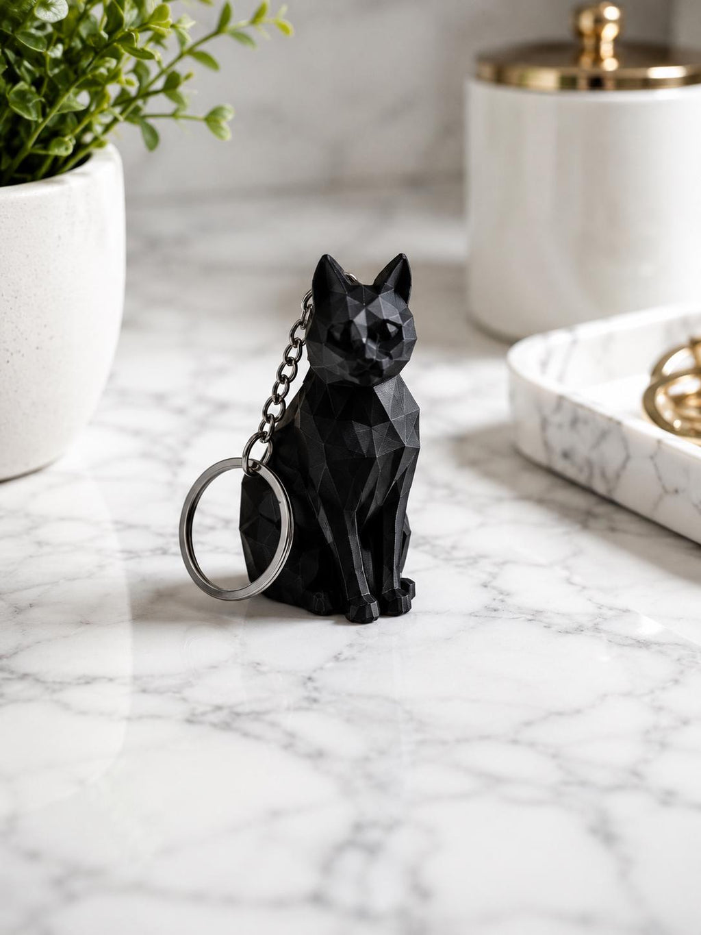 Low Poly Black Cat Keychain | 3D Printed Cat Charm