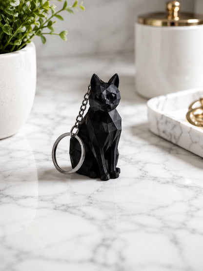 Low Poly Black Cat Keychain | 3D Printed Cat Charm
