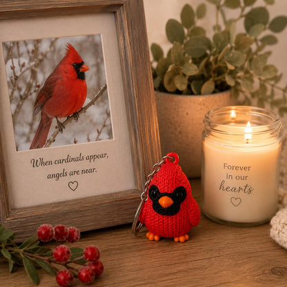 Knitted Cardinal Keychain | Red Bird Key Ring | Backpack Charm | Memorial Gift