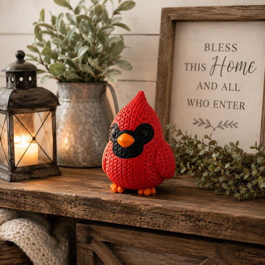 Knitted Cardinal Figurine | Cardinal Bird Decor | Rustic Farmhouse Shelf Accent