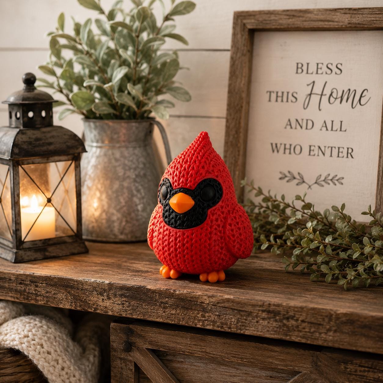 Knitted Cardinal Figurine | Cardinal Bird Decor | Rustic Farmhouse Shelf Accent