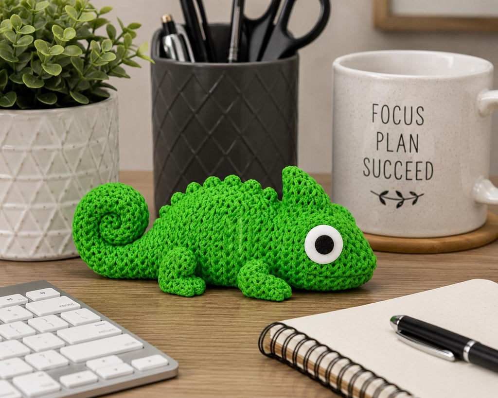 Knitted Chameleon Figurine | Textured 3D Printed Reptile Shelf Sitter