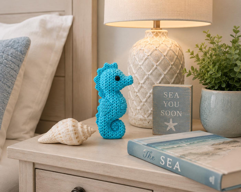 Knitted Seahorse Decor | 3D Printed Seahorse Figurine | Coastal Beach Shelf Decor | Ocean Animal Statue | Nautical Home Accent