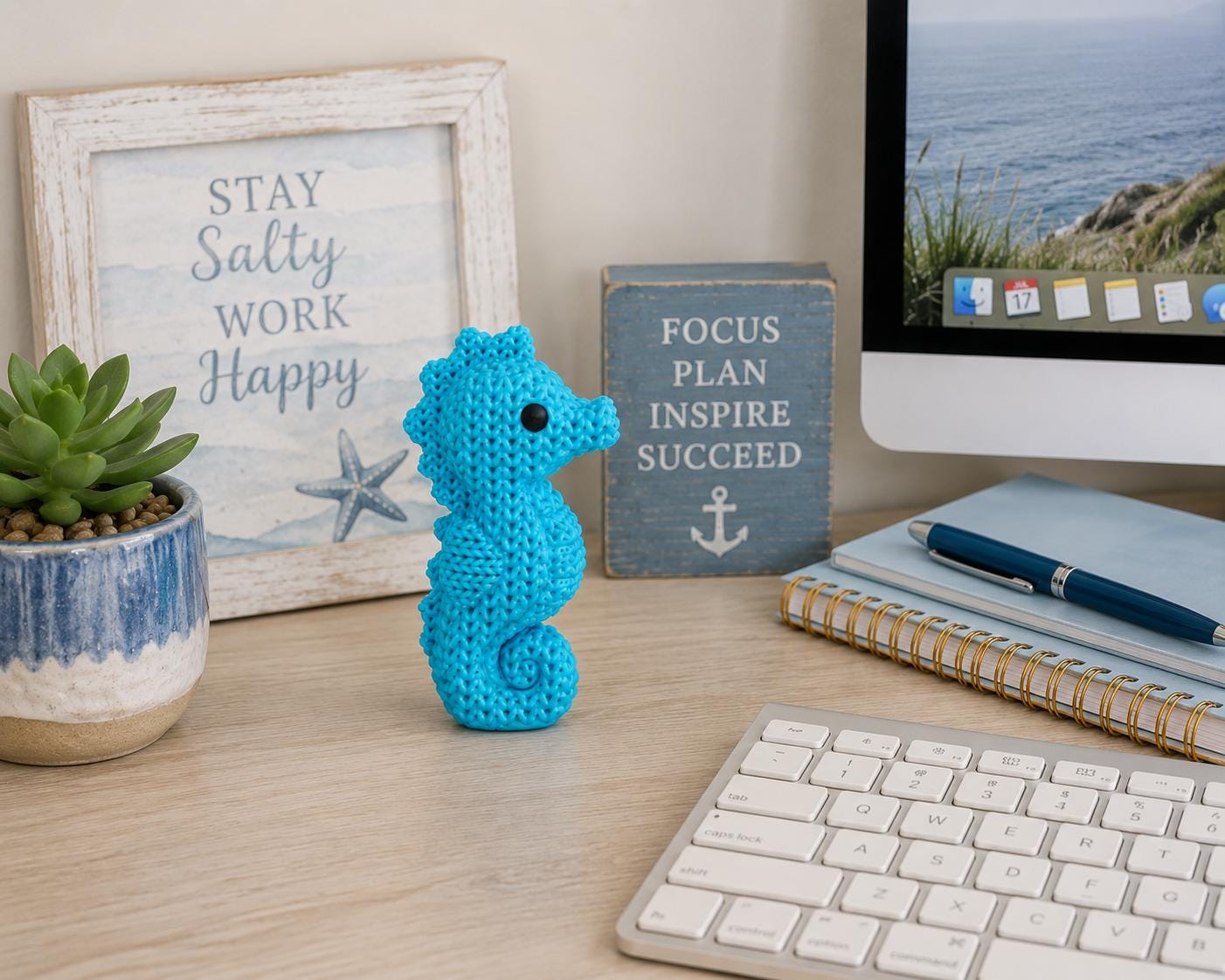 Knitted Seahorse Decor | 3D Printed Seahorse Figurine | Coastal Beach Shelf Decor | Ocean Animal Statue | Nautical Home Accent