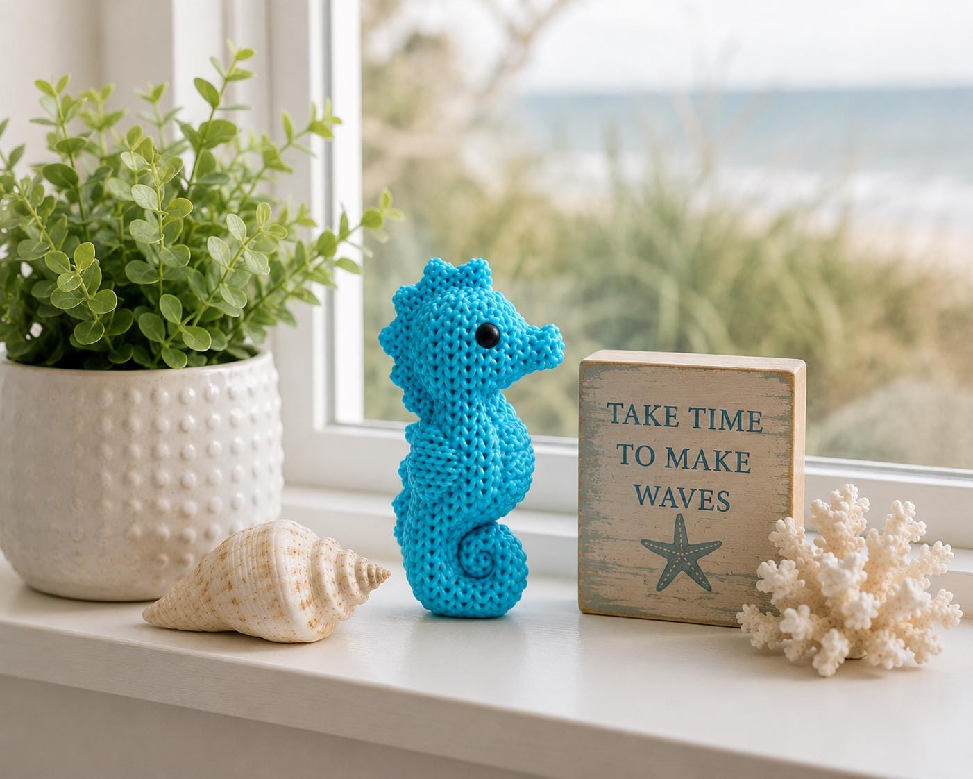 Knitted Seahorse Decor | 3D Printed Seahorse Figurine | Coastal Beach Shelf Decor | Ocean Animal Statue | Nautical Home Accent