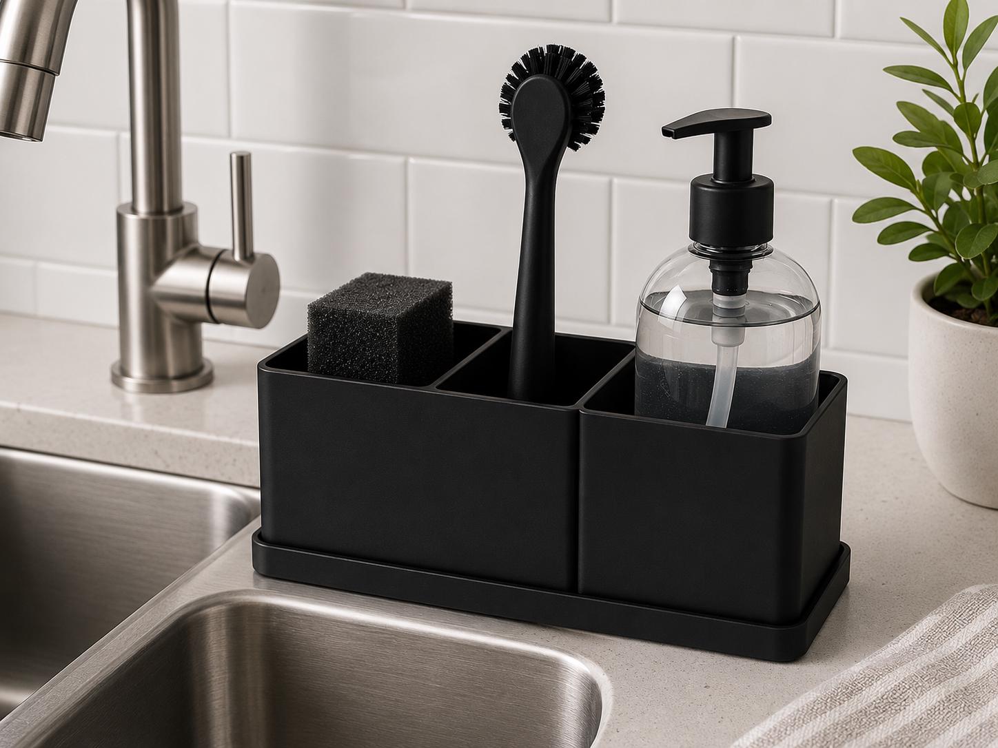 Minimalist Kitchen Sink Caddy | 3 Compartment Sink Organizer | Soap Sponge Brush Holder | Kitchen Counter Organizer | 3D Printed Sink Tray
