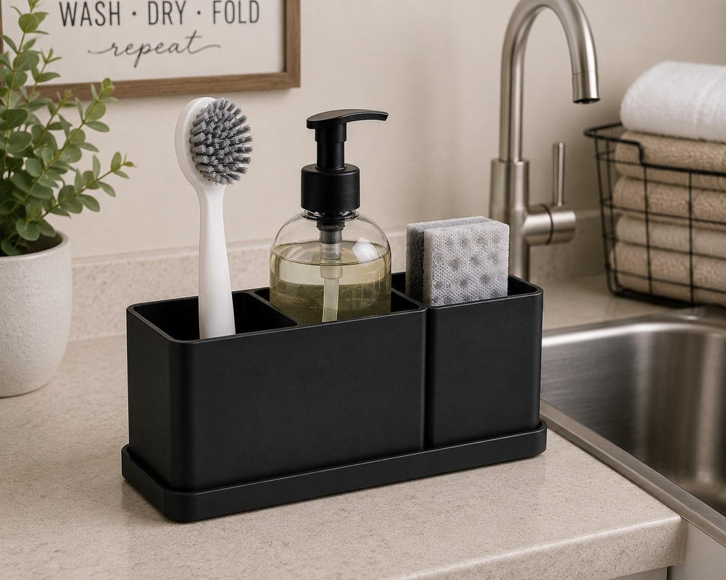Minimalist Kitchen Sink Caddy | 3 Compartment Sink Organizer | Soap Sponge Brush Holder | Kitchen Counter Organizer | 3D Printed Sink Tray