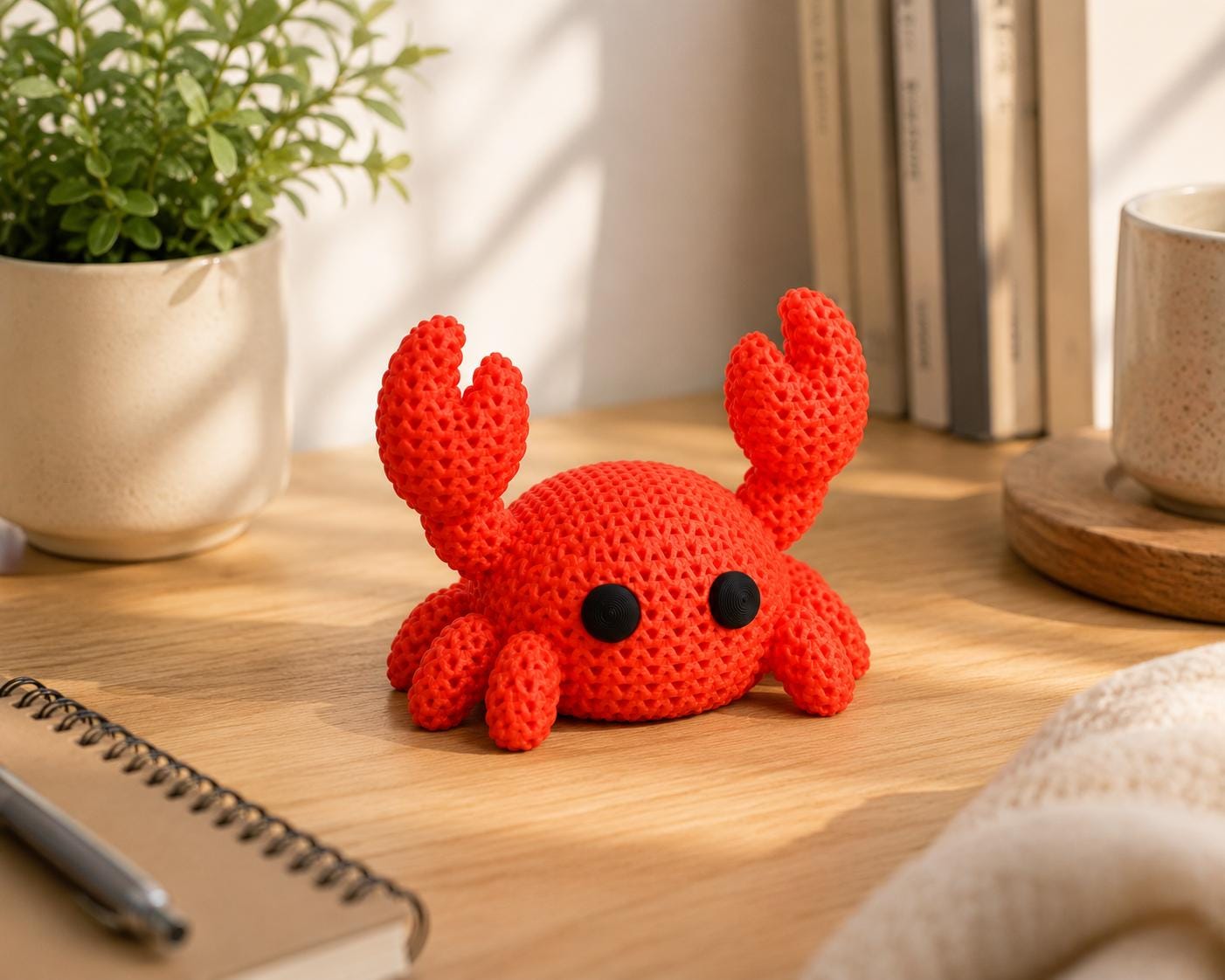 Knitted Crab Figurine | 3D Printed Desk Decor, Coastal Charm Shelf Sitter