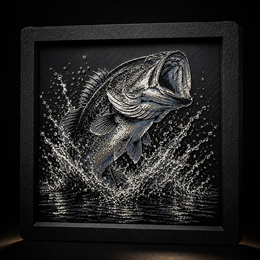 Bass Fishing Artwork | 3D Printed Largemouth Bass Wall Decor (8x8 Framed)