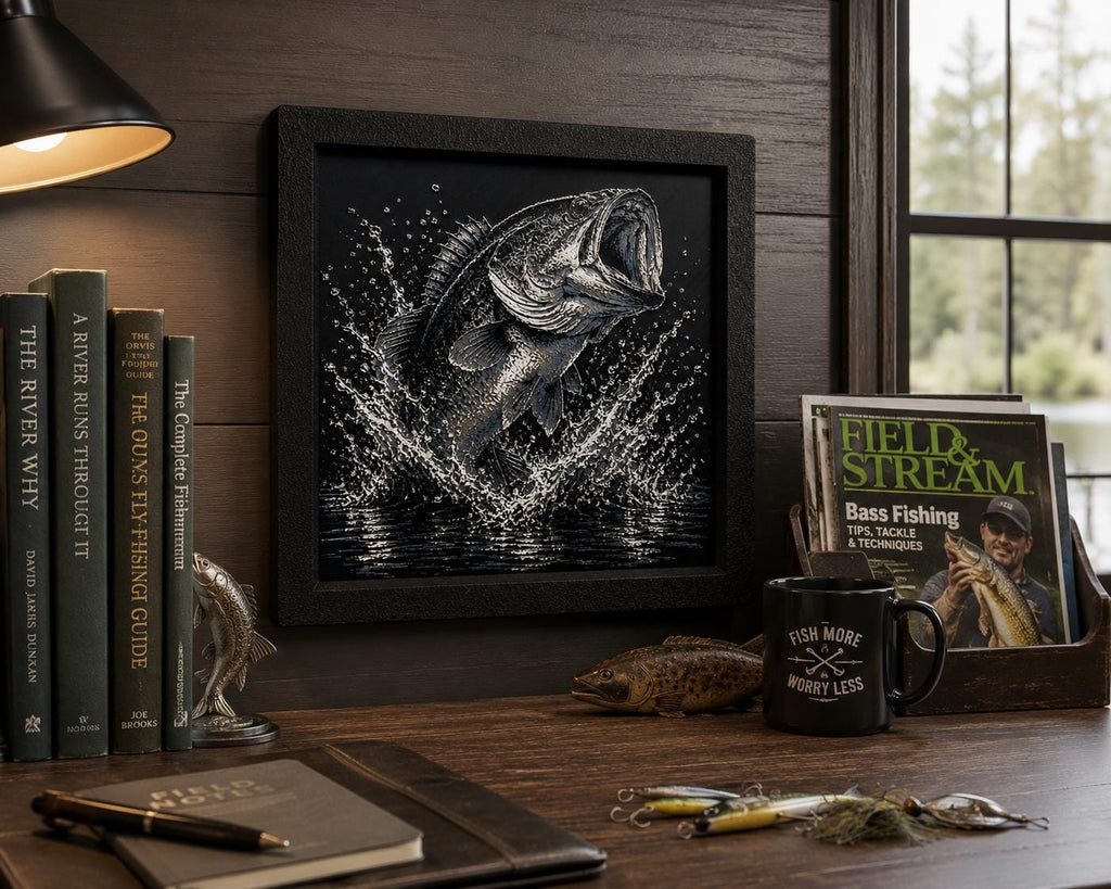 Bass Fishing Artwork | 3D Printed Largemouth Bass Wall Decor (8x8 Framed)