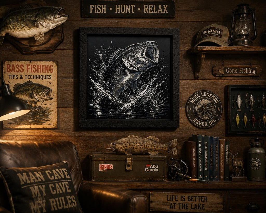 Bass Fishing Artwork | 3D Printed Largemouth Bass Wall Decor (8x8 Framed)