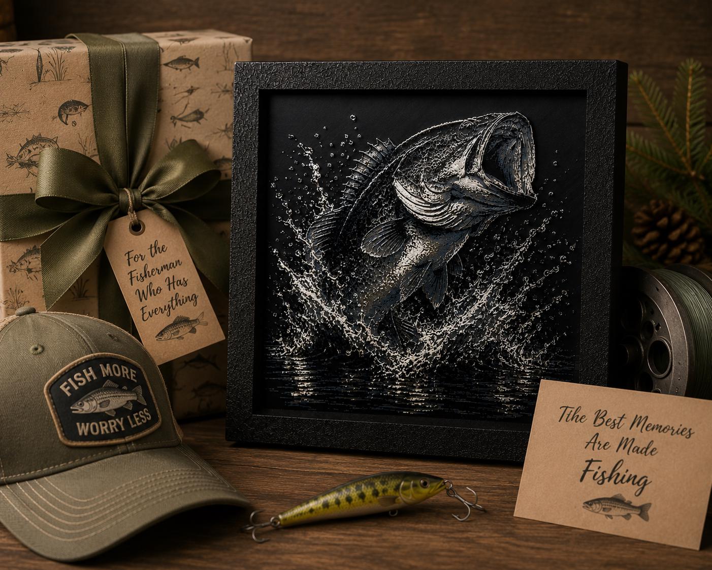 Bass Fishing Artwork | 3D Printed Largemouth Bass Wall Decor (8x8 Framed)