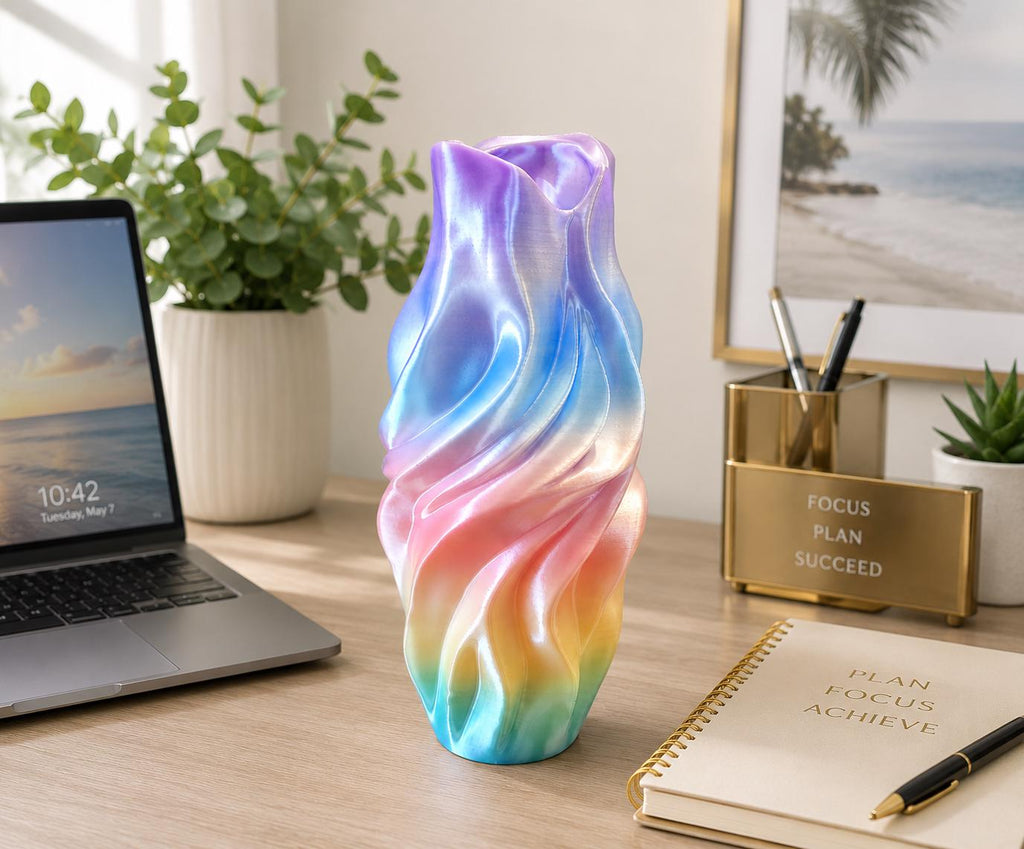 Iridescent Twisted Vase | Modern 3D Printed Decorative Vase | Pearl Rainbow Home Decor
