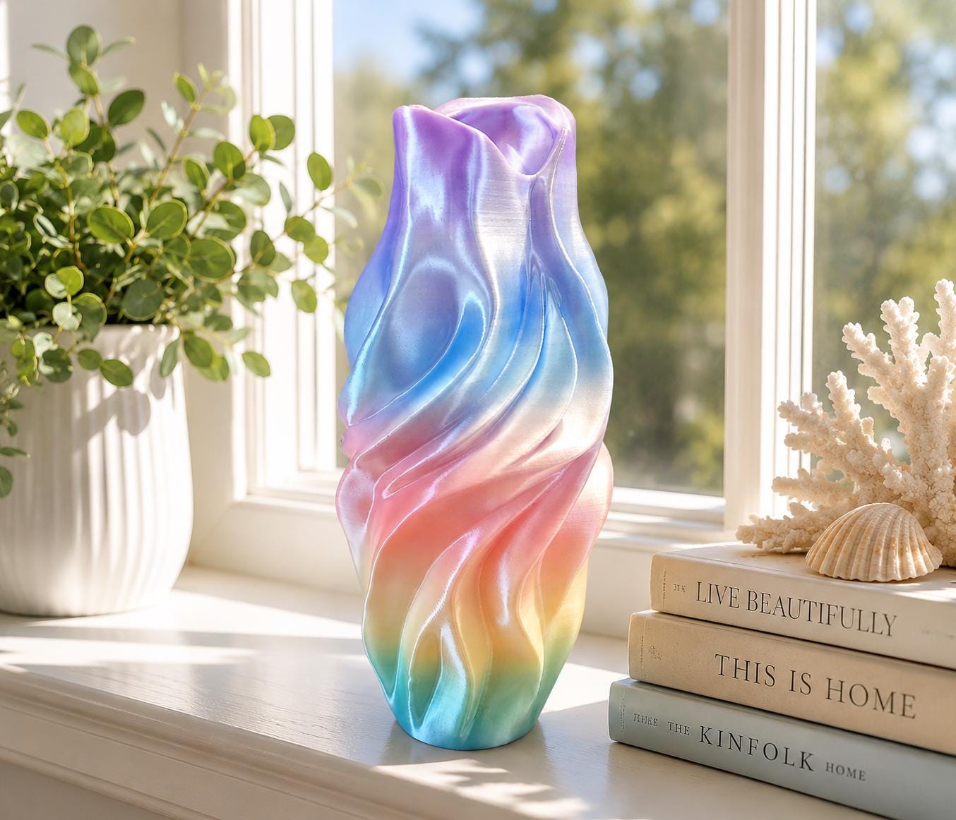 Iridescent Twisted Vase | Modern 3D Printed Decorative Vase | Pearl Rainbow Home Decor