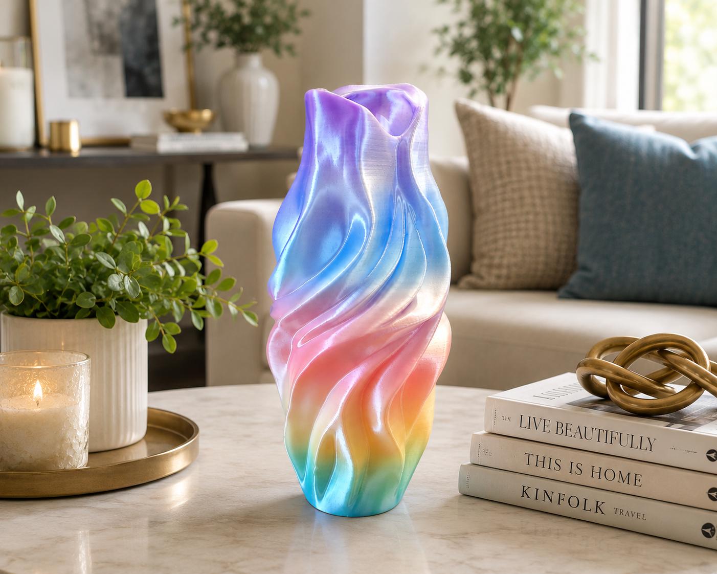 Iridescent Twisted Vase | Modern 3D Printed Decorative Vase | Pearl Rainbow Home Decor