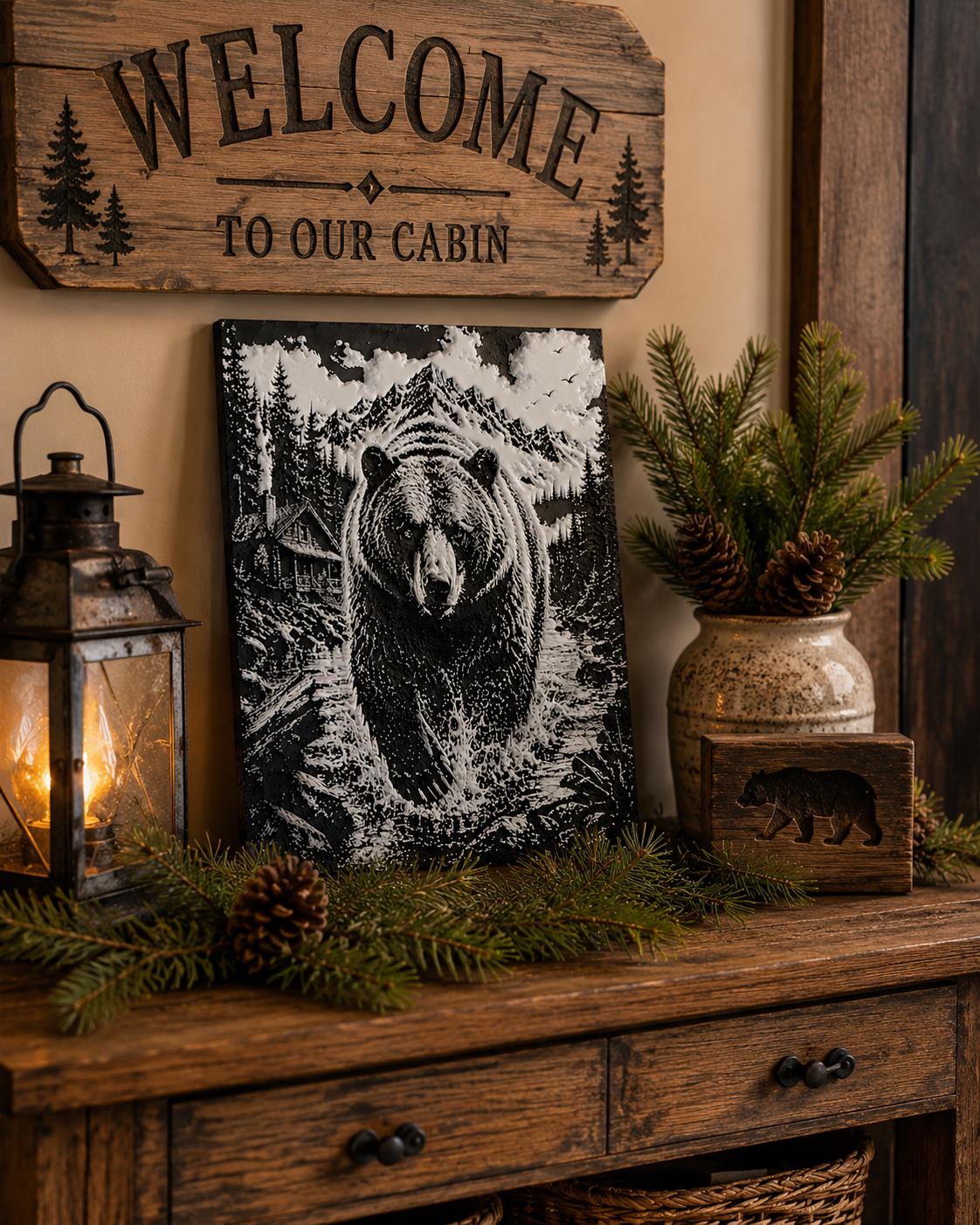 3D Printed Bear Mountain Cabin Wall Art | Wilderness Scene, Rustic Landscape Artwork