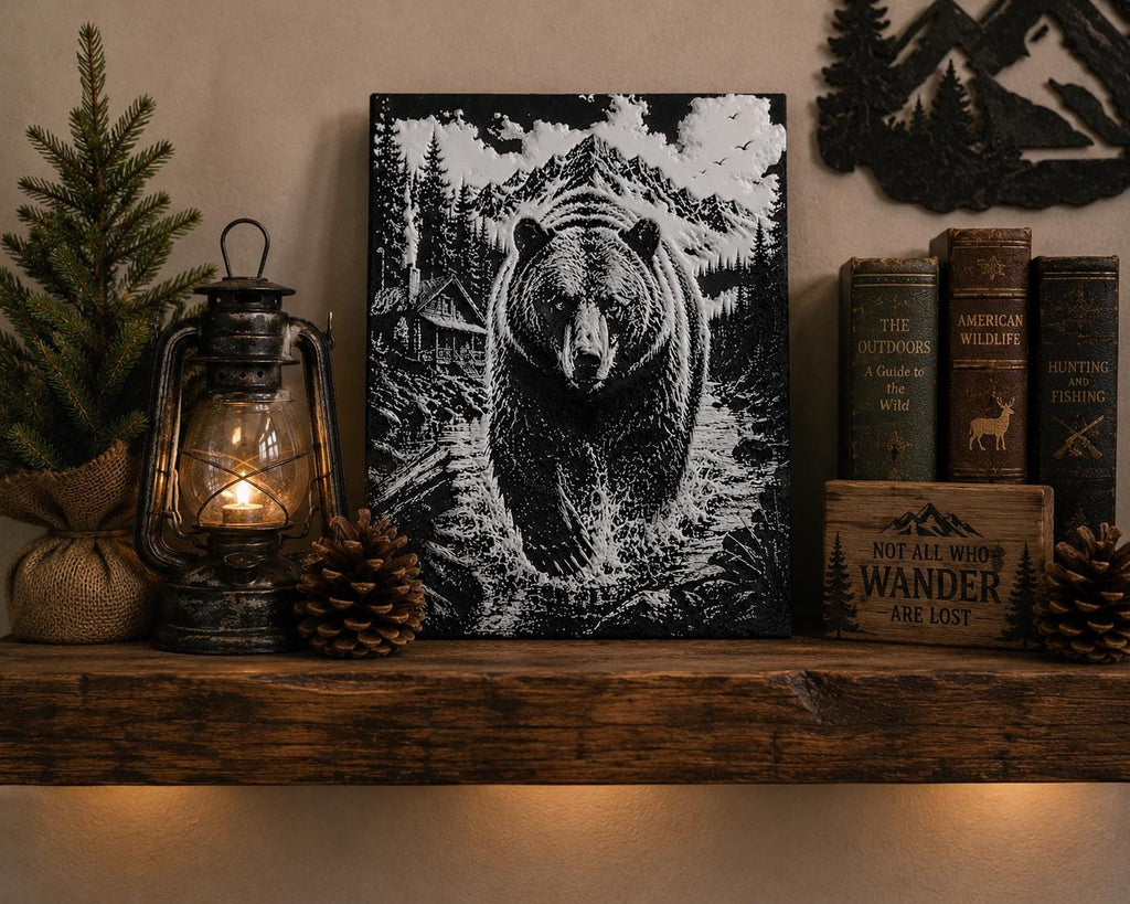 3D Printed Bear Mountain Cabin Wall Art | Wilderness Scene, Rustic Landscape Artwork