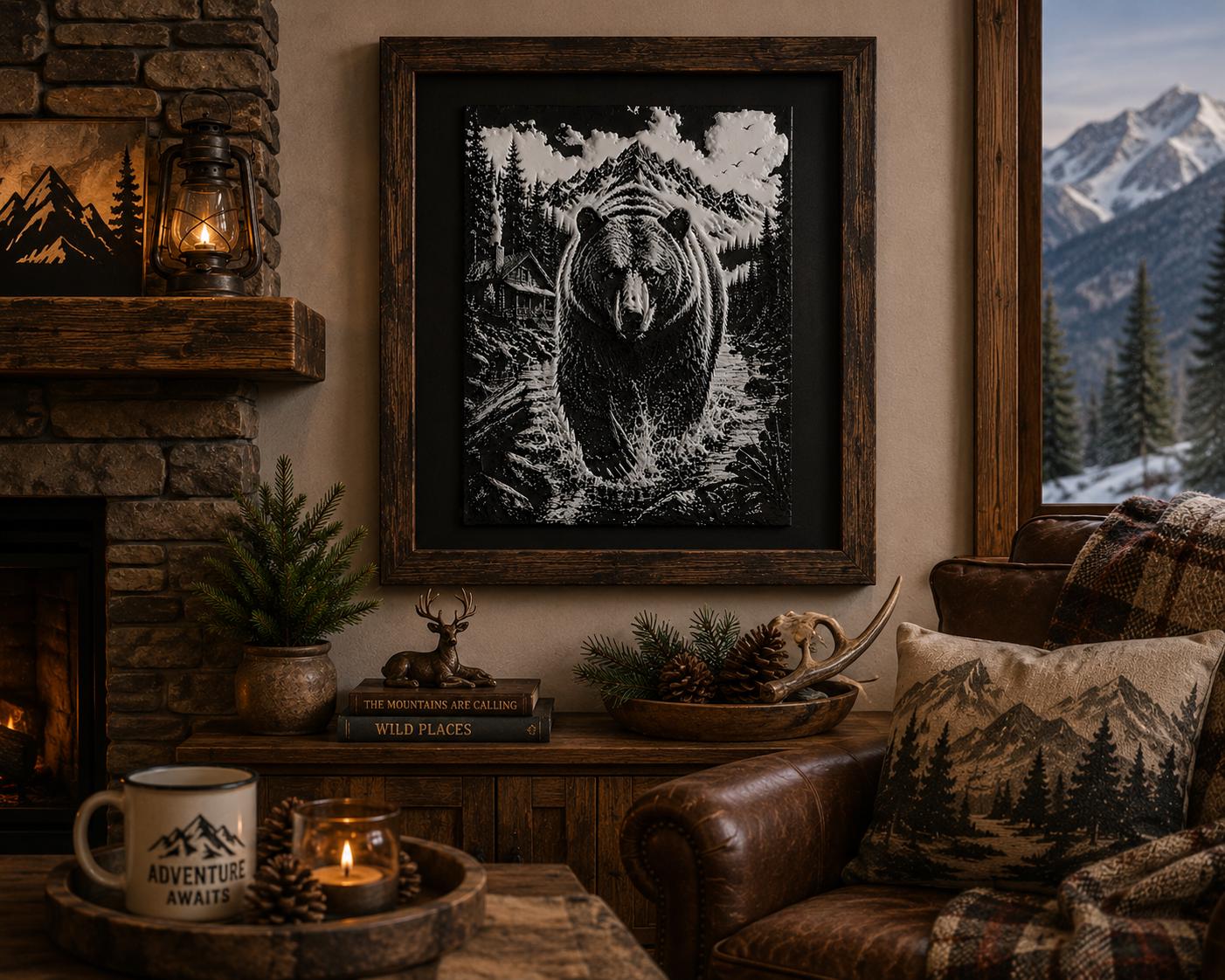 3D Printed Bear Mountain Cabin Wall Art | Wilderness Scene, Rustic Landscape Artwork