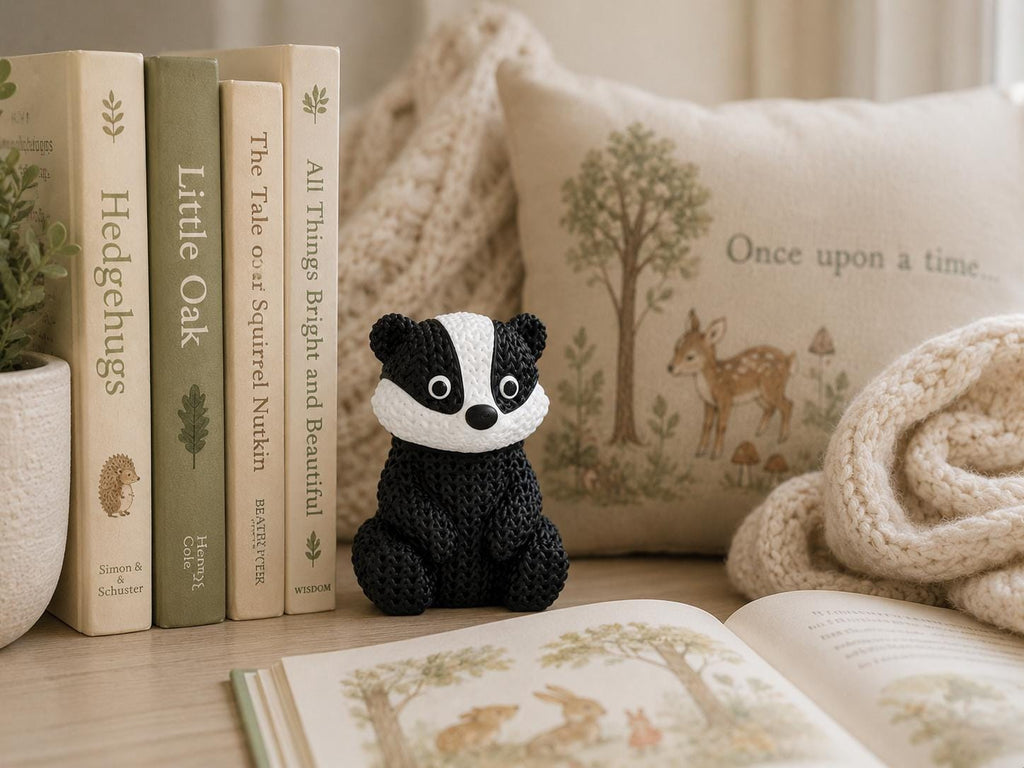 Knitted Badger Figurine | Woodland Animal Decor, Black White Desk Shelf Ornament