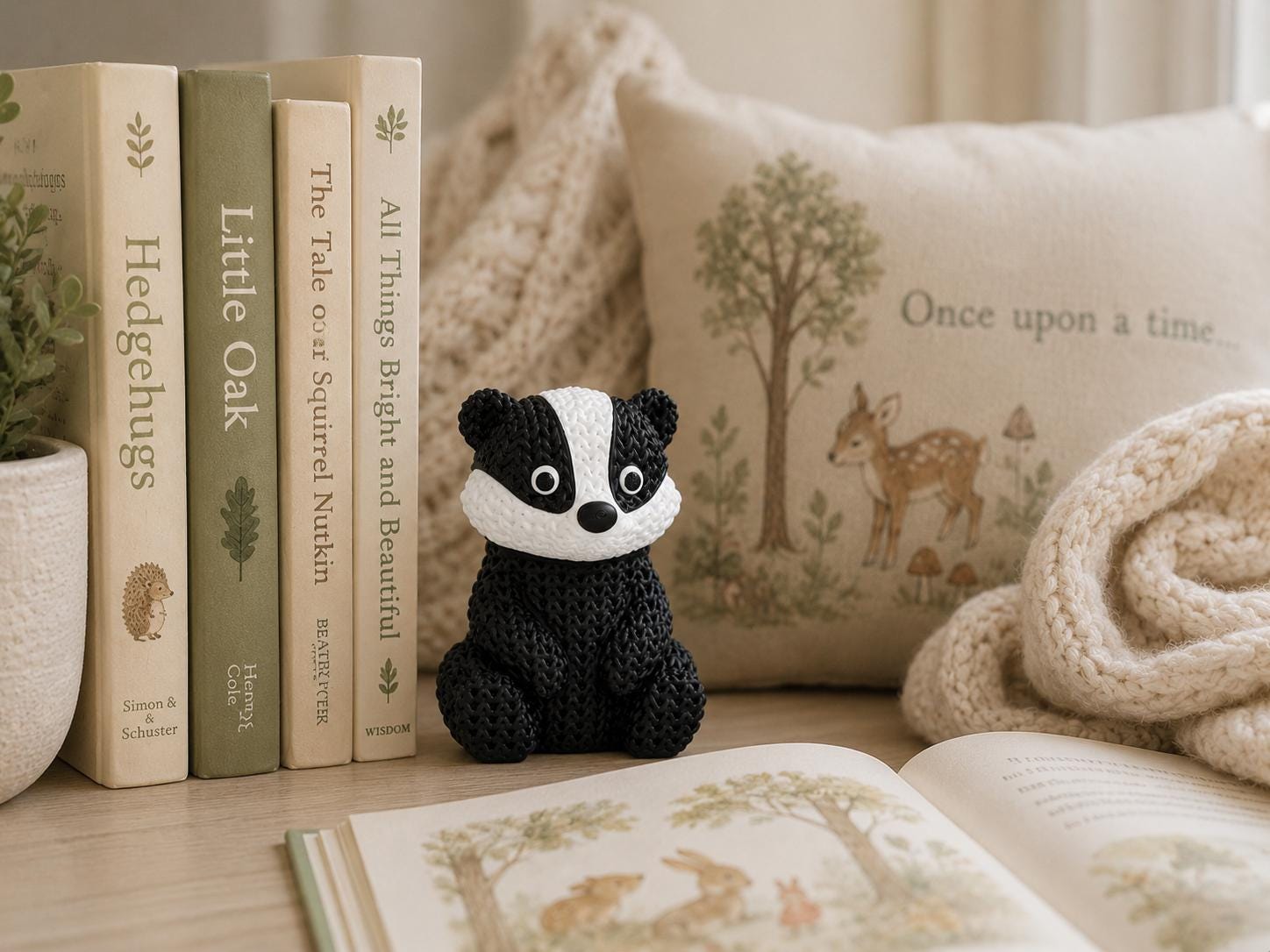 Knitted Badger Figurine | Woodland Animal Decor, Black White Desk Shelf Ornament