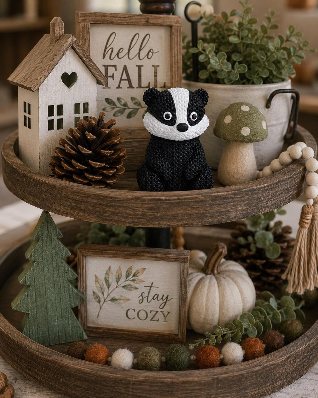 Knitted Badger Figurine | Woodland Animal Decor, Black White Desk Shelf Ornament