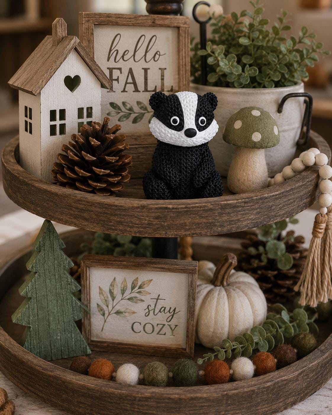 Knitted Badger Figurine | Woodland Animal Decor, Black White Desk Shelf Ornament