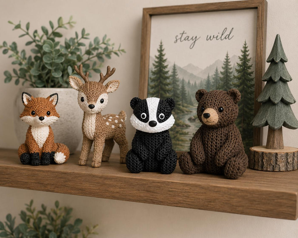 Knitted Badger Figurine | Woodland Animal Decor, Black White Desk Shelf Ornament