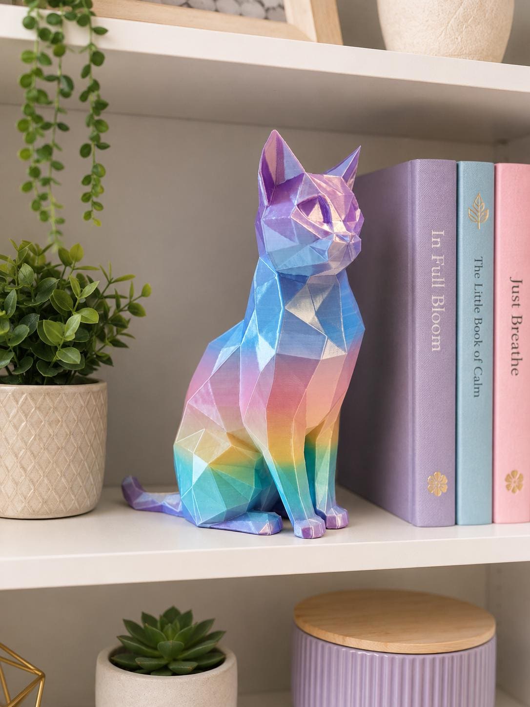 Iridescent Geometric Cat Sculpture | Low Poly 3D Printed Cat Decor
