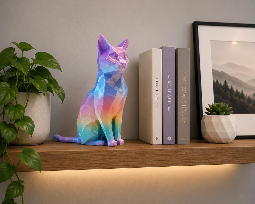 Iridescent Geometric Cat Sculpture | Low Poly 3D Printed Cat Decor