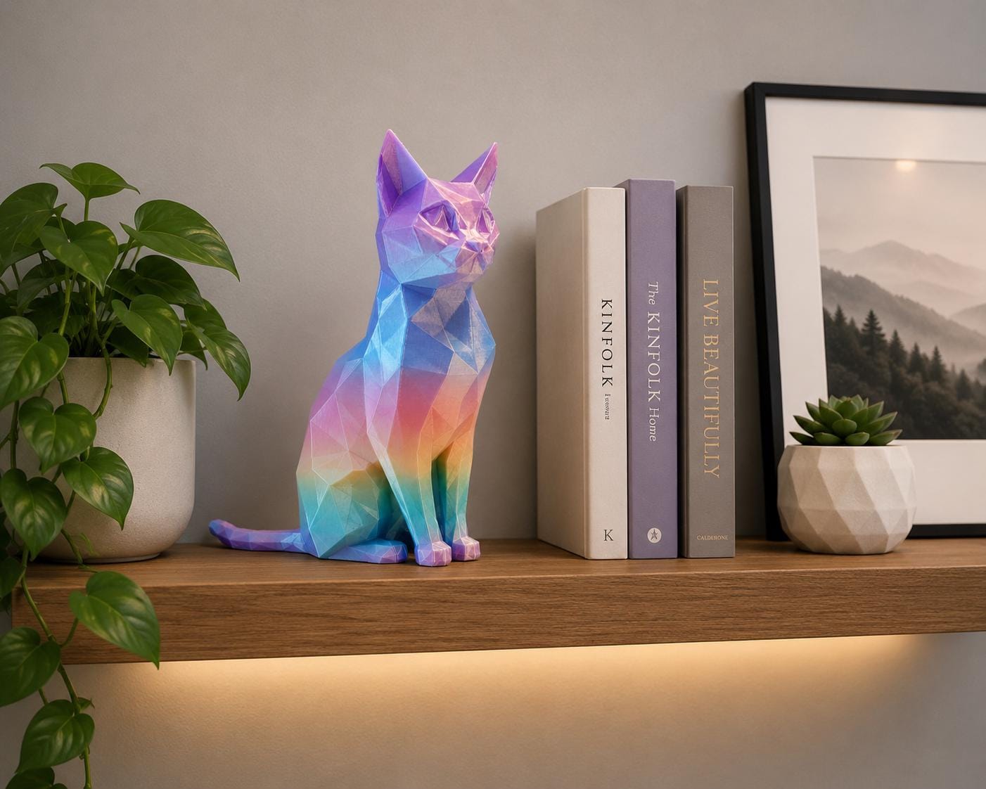 Iridescent Geometric Cat Sculpture | Low Poly 3D Printed Cat Decor