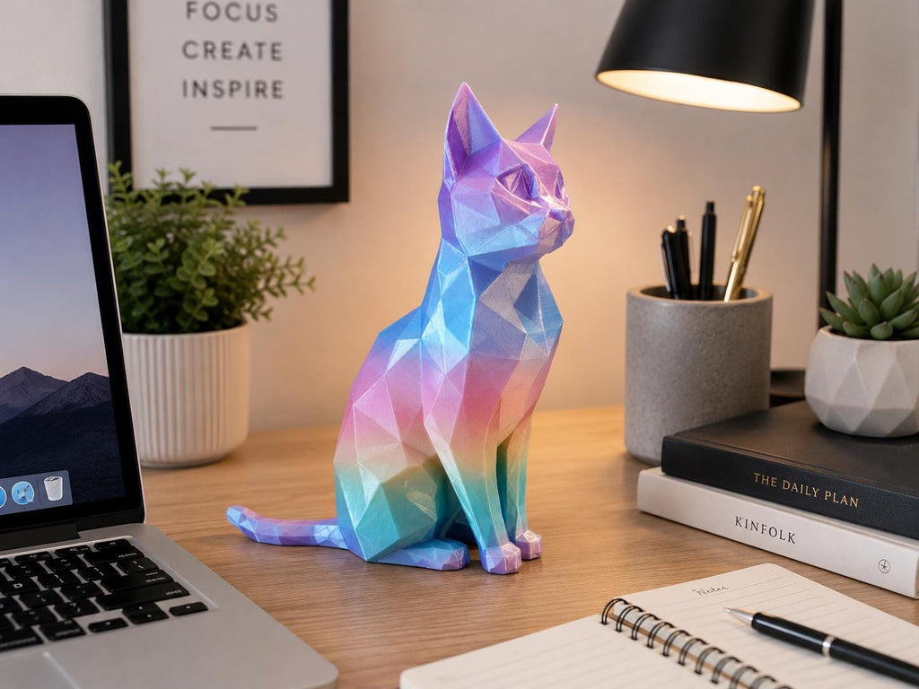 Iridescent Geometric Cat Sculpture | Low Poly 3D Printed Cat Decor