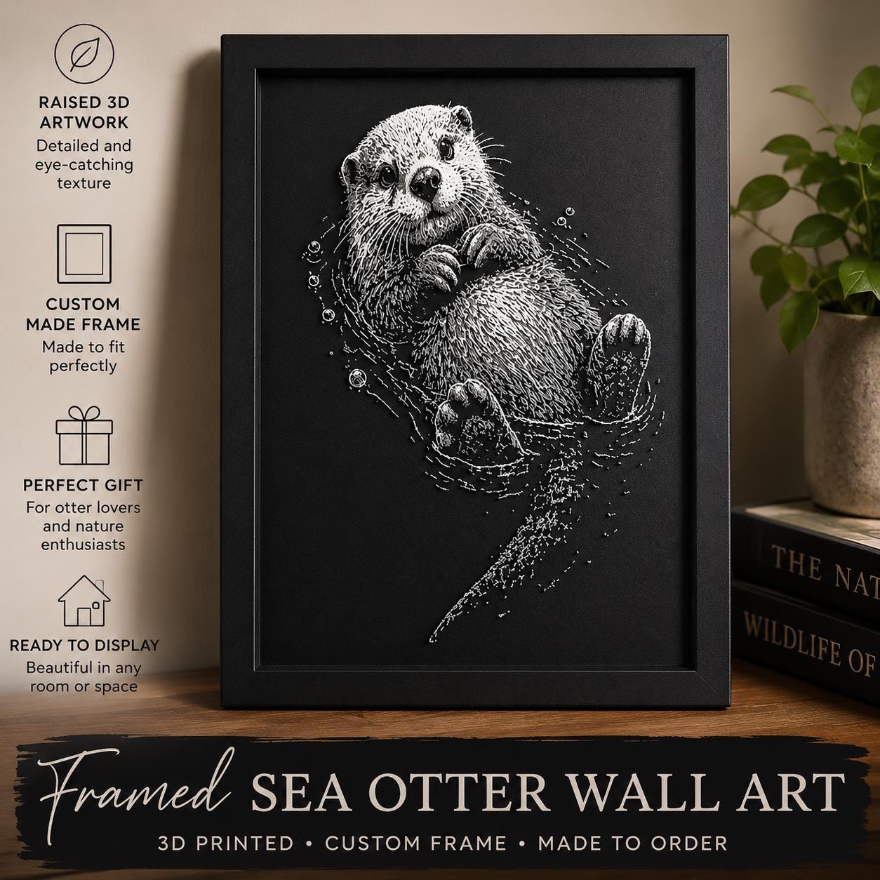 3D Printed Raised Sea Otter Wall Art | Custom Frame, Wildlife Decor
