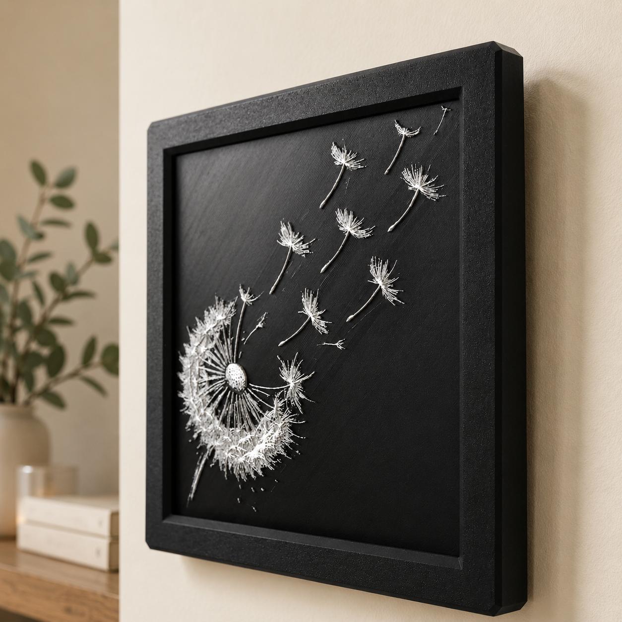 Dandelion Wishes 3D Raised Artwork | Black White Botanical Framed Decor
